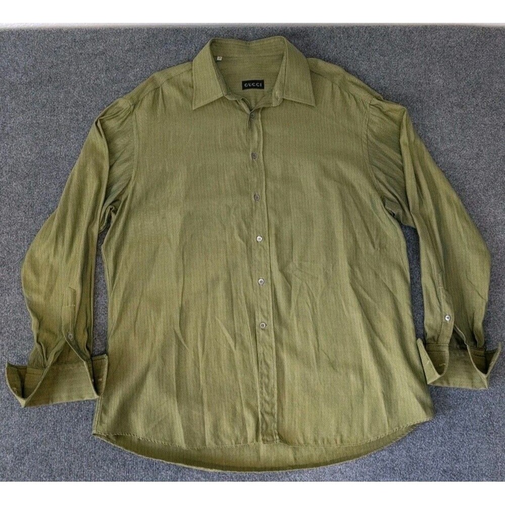 Vintage Gucci Herringbone Weave Long Sleeve Dress Shirt Men's Sz 43/17 Green